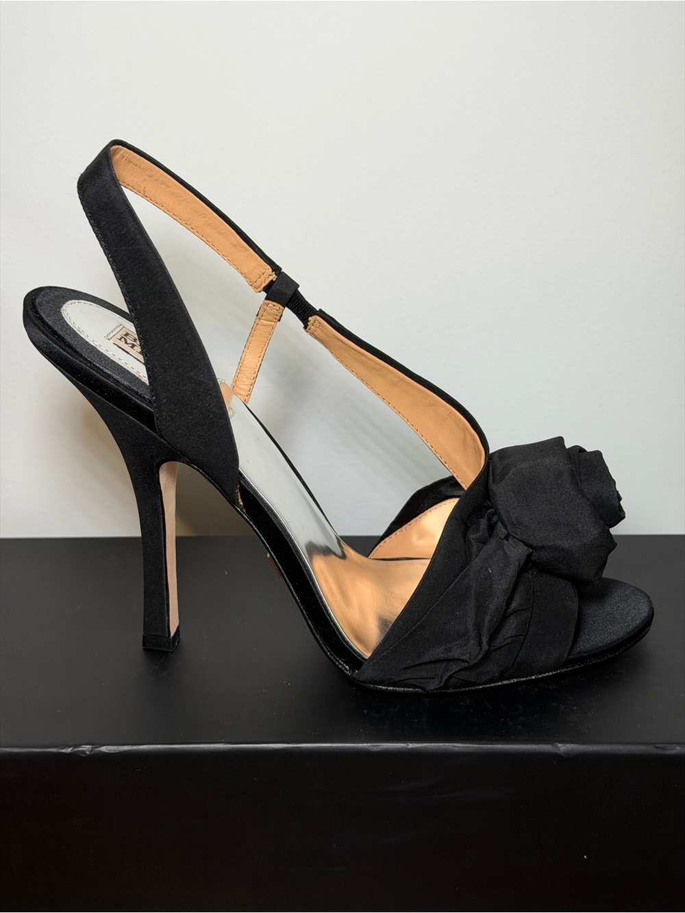 Badgley Mischka Black Satin Slingback Peep Toe with Rosette Accent - Picture 3 of 5